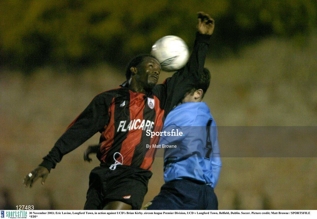 30 November 2003; Eric Lavine, Longford Town, in action against UCD's Brian Kirby. eircom league Premier Division, UCD v Longford Town, Belfield, Dublin. Soccer. Picture credit; Matt Browne / SPORTSFILE *EDI*