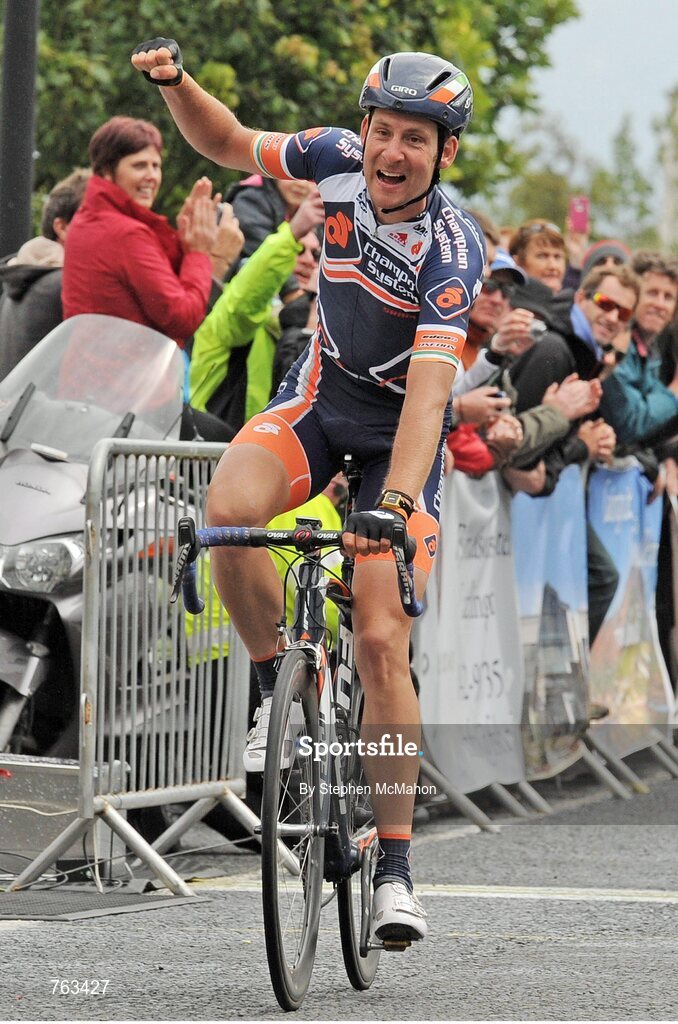23 June 2013; Matt Brammeier, Champion Systems Pro Cycling Team, celebrates as he crosses the line to take his fourth consecutive victory in the Elite Men's National Road Race Championships. 2013 National Road Race Championships, Carlingford, Co. Louth. Picture credit: Stephen McMahon / SPORTSFILE