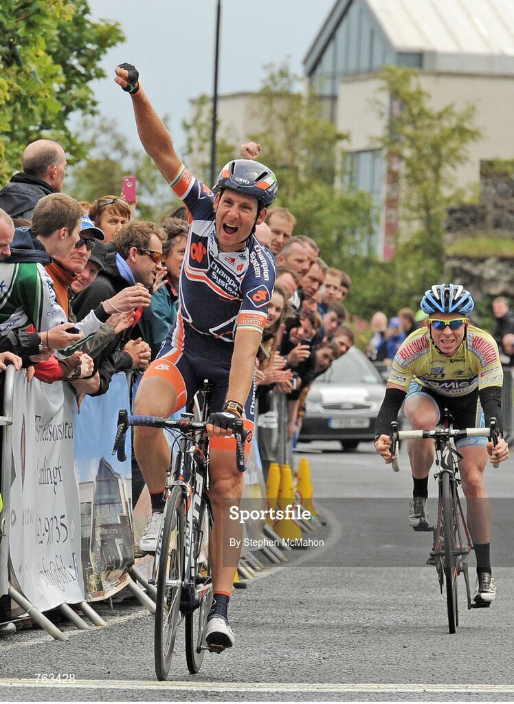23 June 2013; Matt Brammeier, Champion Systems Pro Cycling Team, celebrates as he crosses the line to take his fourth consecutive victory in the Elite Men's National Road Race Championships. 2013 National Road Race Championships, Carlingford, Co. Louth. Picture credit: Stephen McMahon / SPORTSFILE