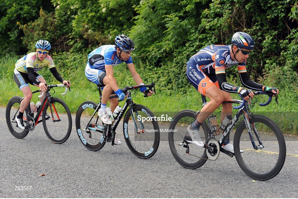 23 June 2013; Matt Brammeier, Champion Systems Pro Cycling Team, leads Philip Deignan, United Healthcare, and Philip Lavery, Amicale Cycliste Bisontine, during the Elite Men's National Road Race Championships. Carlingford, Co. Louth. Picture credit: Stephen McMahon / SPORTSFILE