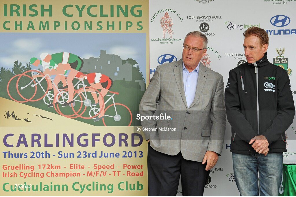 23 June 2013; Pat McQuaid, left, President of the Union Cycliste Internationale (UCI), left, with Sean Kelly on the awards podium at the Elite Men's National Road Race Championships. 2013 National Road Race Championships, Carlingford, Co. Louth. Picture credit: Stephen McMahon / SPORTSFIL
