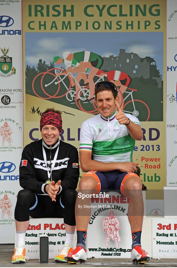 23 June 2013; Philip Lavery, Amicale Cycliste Bisontine, left, second place, pictured with race winner Matt Brammeier, Champion Systems Pro Cycling Team, on the awards podium after the 2013 National Road Race Championships. Carlingford, Co. Louth. Picture credit: Stephen McMahon / SPORTSFILE