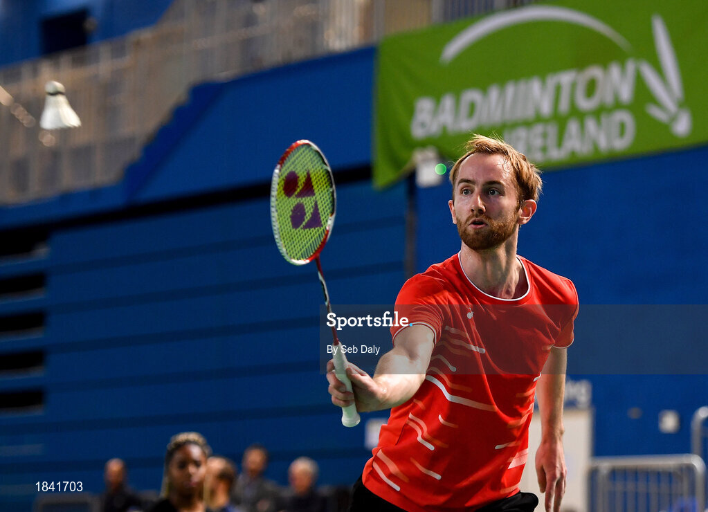 15 November 2019; Sam Magee of Ireland in action against Mathias Thyrri and Mai Surrow of Denmark during his mixed doubles quarter-final match of the AIG FZ Forza Irish Open Badminton Championships at the National Indoor Arena in Abbotstown, Dublin. Photo by Seb Daly/Sportsfile