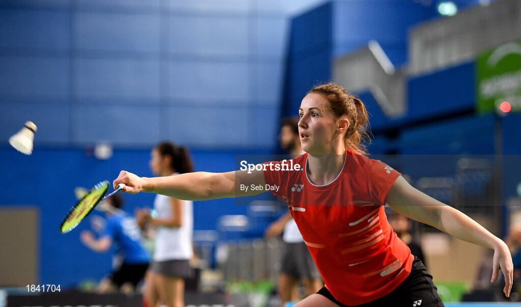 15 November 2019; Chloe Magee of Ireland in action against Mathias Thyrri and Mai Surrow of Denmark during her mixed doubles quarter-final match of the AIG FZ Forza Irish Open Badminton Championships at the National Indoor Arena in Abbotstown, Dublin. Photo by Seb Daly/Sportsfile