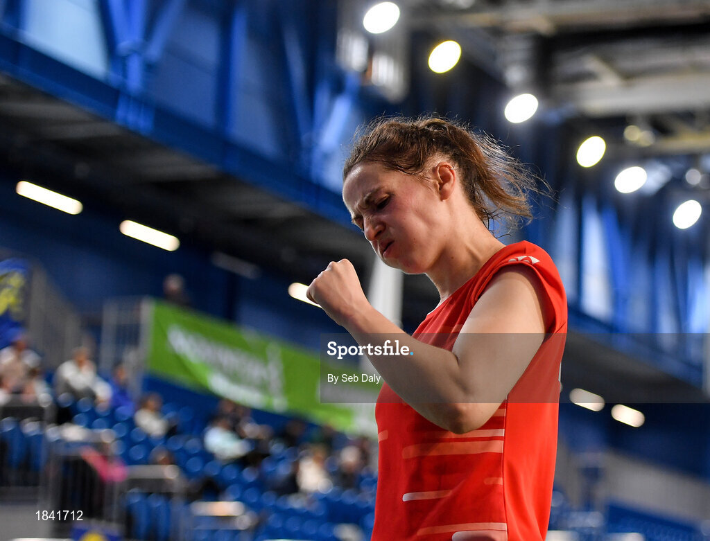 15 November 2019; Chloe Magee of Ireland celebrates winning a point during her mixed doubles quarter-final match against Mathias Thyrri and Mai Surrow of Denmark at the AIG FZ Forza Irish Open Badminton Championships at the National Indoor Arena in Abbotstown, Dublin. Photo by Seb Daly/Sportsfile