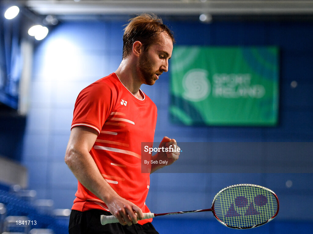 15 November 2019; Sam Magee of Ireland celebrates winning a point during his mixed doubles quarter-final match against Mathias Thyrri and Mai Surrow of Denmark at the AIG FZ Forza Irish Open Badminton Championships at the National Indoor Arena in Abbotstown, Dublin. Photo by Seb Daly/Sportsfile