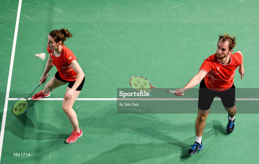15 November 2019; Chloe Magee and Sam Magee of Ireland in action against Mathias Thyrri and Mai Surrow of Denmark during their mixed doubles quarter-final match of the AIG FZ Forza Irish Open Badminton Championships at the National Indoor Arena in Abbotstown, Dublin. Photo by Seb Daly/Sportsfile