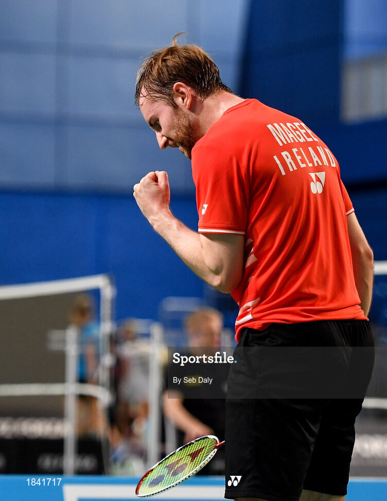 15 November 2019; Sam Magee of Ireland celebrates following a victory during his mixed doubles quarter-final match against Mathias Thyrri and Mai Surrow of Denmark at the AIG FZ Forza Irish Open Badminton Championships at the National Indoor Arena in Abbotstown, Dublin. Photo by Seb Daly/Sportsfile