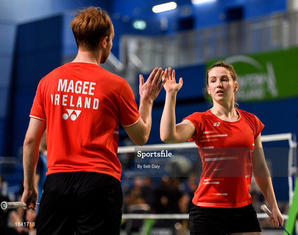 15 November 2019; Chloe Magee and Sam Magee of Ireland congratulate each other following victory over Mathias Thyrri and Mai Surrow of Denmark during their mixed doubles quarter-final match of the AIG FZ Forza Irish Open Badminton Championships at the National Indoor Arena in Abbotstown, Dublin. Photo by Seb Daly/Sportsfile