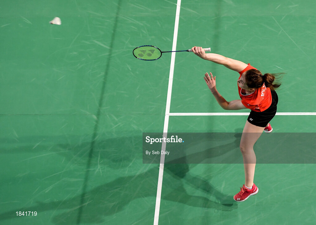 15 November 2019; Chloe Magee of Ireland in action against Mathias Thyrri and Mai Surrow of Denmark during her mixed doubles quarter-final match of the AIG FZ Forza Irish Open Badminton Championships at the National Indoor Arena in Abbotstown, Dublin. Photo by Seb Daly/Sportsfile