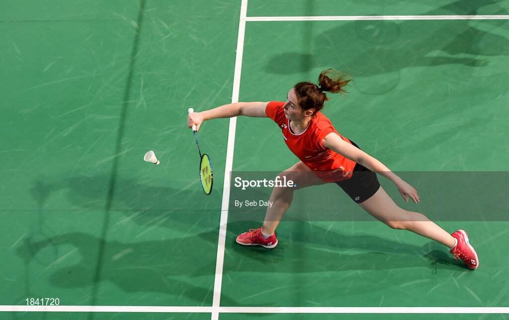 15 November 2019; Chloe Magee of Ireland in action against Mathias Thyrri and Mai Surrow of Denmark during her mixed doubles quarter-final match of the AIG FZ Forza Irish Open Badminton Championships at the National Indoor Arena in Abbotstown, Dublin. Photo by Seb Daly/Sportsfile