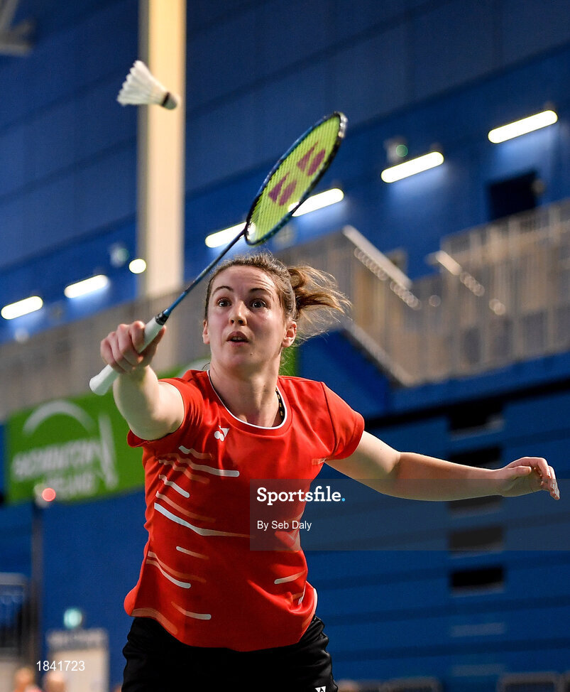 15 November 2019; Chloe Magee of Ireland in action against Mathias Thyrri and Mai Surrow of Denmark during her mixed doubles quarter-final match of the AIG FZ Forza Irish Open Badminton Championships at the National Indoor Arena in Abbotstown, Dublin. Photo by Seb Daly/Sportsfile