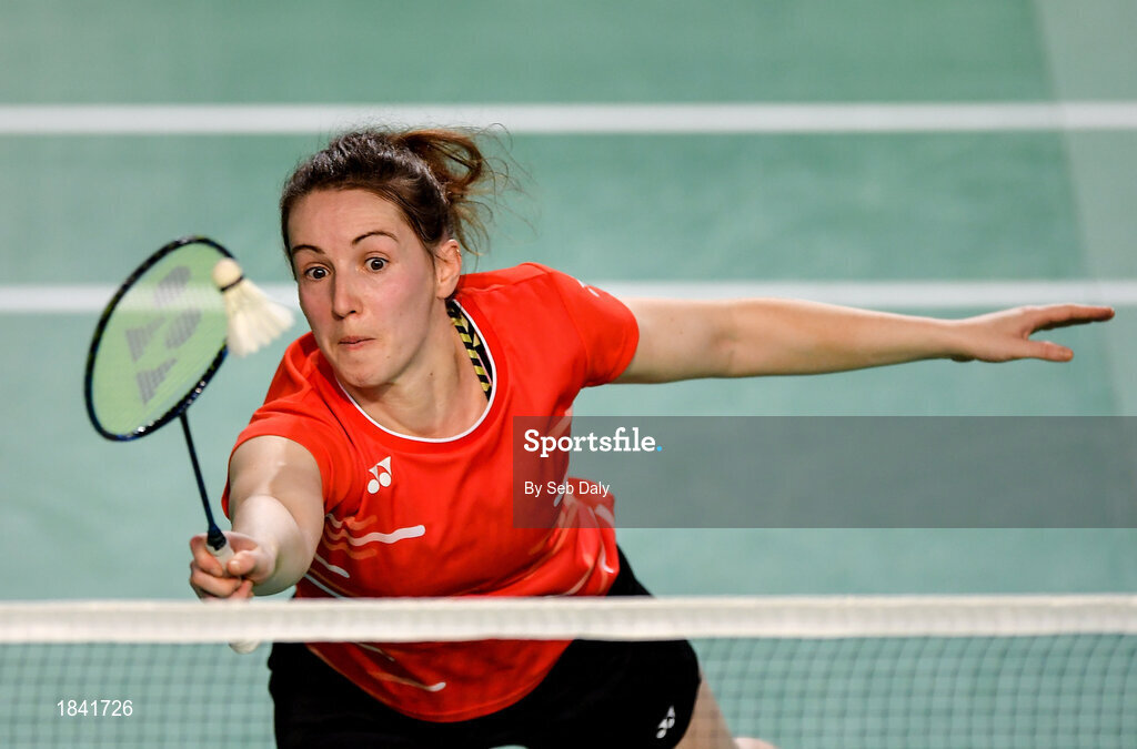 15 November 2019; Chloe Magee of Ireland in action against Mathias Thyrri and Mai Surrow of Denmark during her mixed doubles quarter-final match of the AIG FZ Forza Irish Open Badminton Championships at the National Indoor Arena in Abbotstown, Dublin. Photo by Seb Daly/Sportsfile