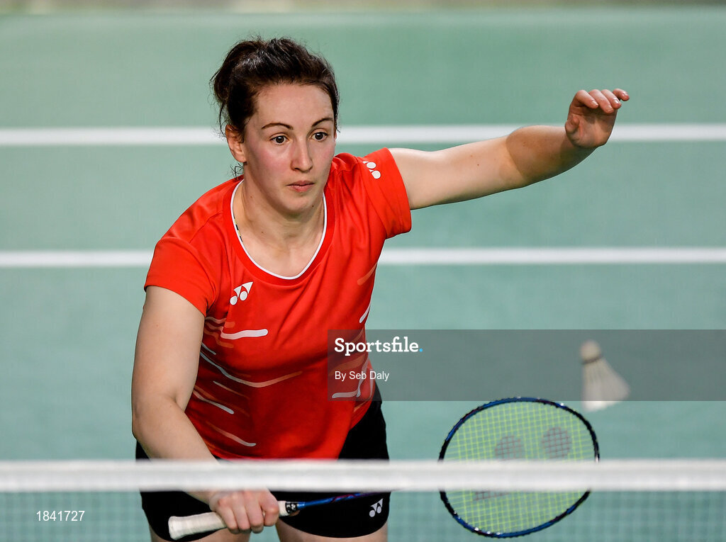 15 November 2019; Chloe Magee of Ireland in action against Mathias Thyrri and Mai Surrow of Denmark during her mixed doubles quarter-final match of the AIG FZ Forza Irish Open Badminton Championships at the National Indoor Arena in Abbotstown, Dublin. Photo by Seb Daly/Sportsfile