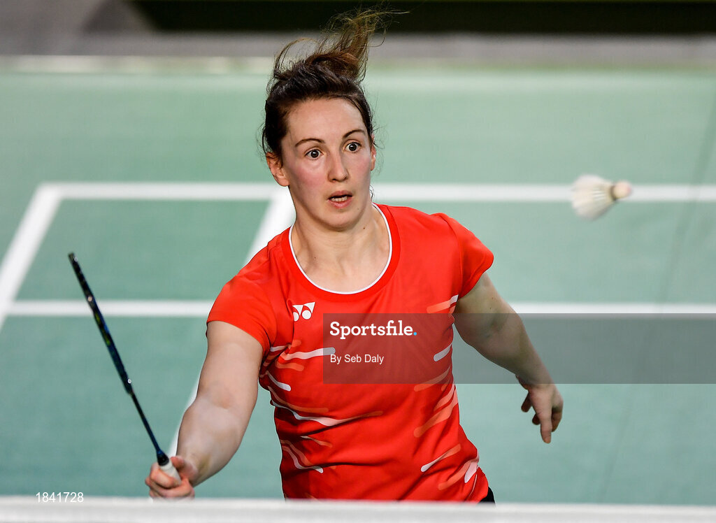 15 November 2019; Chloe Magee of Ireland in action against Mathias Thyrri and Mai Surrow of Denmark during her mixed doubles quarter-final match of the AIG FZ Forza Irish Open Badminton Championships at the National Indoor Arena in Abbotstown, Dublin. Photo by Seb Daly/Sportsfile