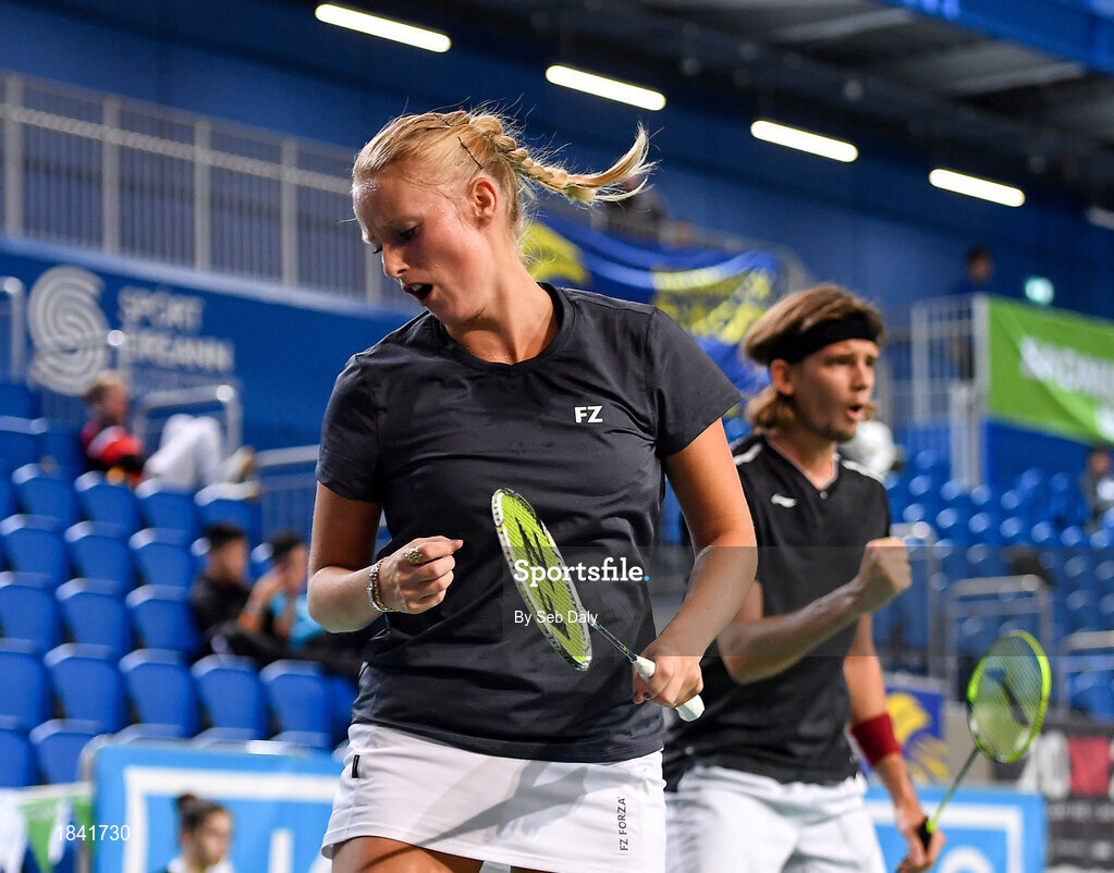 15 November 2019; Mai Surrow and Mathias Thyrri of Denmark celebrate winning a point during their mixed doubles quarter-final match against Chloe Magee and Sam Magee of Ireland at the AIG FZ Forza Irish Open Badminton Championships at the National Indoor Arena in Abbotstown, Dublin. Photo by Seb Daly/Sportsfile