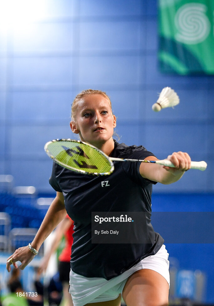 15 November 2019; Mai Surrow of Denmark in action during her mixed doubles quarter-final match against Chloe Magee and Sam Magee of Ireland at the AIG FZ Forza Irish Open Badminton Championships at the National Indoor Arena in Abbotstown, Dublin. Photo by Seb Daly/Sportsfile
