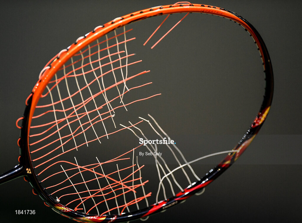 15 November 2019; A racket is unstrunged prior to the AIG FZ Forza Irish Open Badminton Championships at the National Indoor Arena in Abbotstown, Dublin. Photo by Seb Daly/Sportsfile