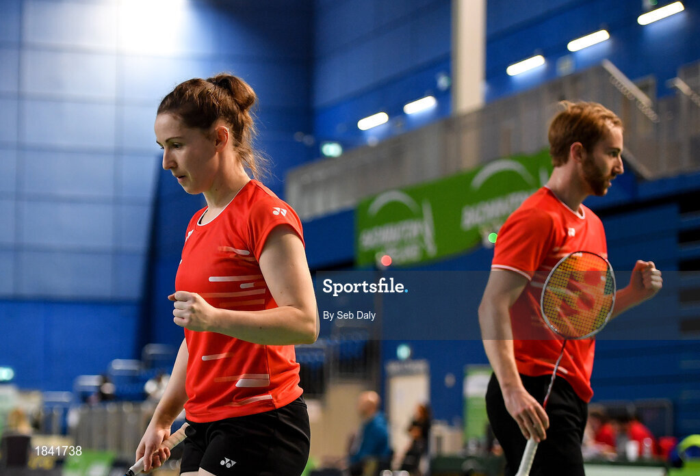15 November 2019; Chloe Magee and Sam Magee of Ireland celebrate winning a point during their mixed doubles quarter-final match against Mathias Thyrri and Mai Surrow of Denmark at the AIG FZ Forza Irish Open Badminton Championships at the National Indoor Arena in Abbotstown, Dublin. Photo by Seb Daly/Sportsfile