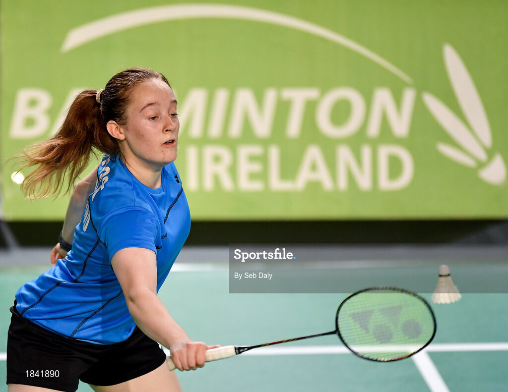 15 November 2019; Kate Frost of Ireland in action against Clara Nistad and Moa Sjoo of Sweden during their women's doubles quarter-final match of the AIG FZ Forza Irish Open Badminton Championships at the National Indoor Arena in Abbotstown, Dublin. Photo by Seb Daly/Sportsfile