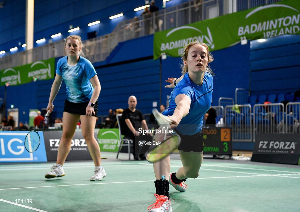 15 November 2019; Kate Frost, right, and Moya Ryan of Ireland in action against Clara Nistad and Moa Sjoo of Sweden during their women's doubles quarter-final match of the AIG FZ Forza Irish Open Badminton Championships at the National Indoor Arena in Abbotstown, Dublin. Photo by Seb Daly/Sportsfile