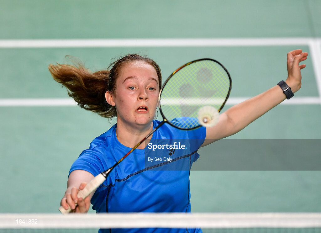 15 November 2019; Kate Frost of Ireland in action against Clara Nistad and Moa Sjoo of Sweden during their women's doubles quarter-final match of the AIG FZ Forza Irish Open Badminton Championships at the National Indoor Arena in Abbotstown, Dublin. Photo by Seb Daly/Sportsfile