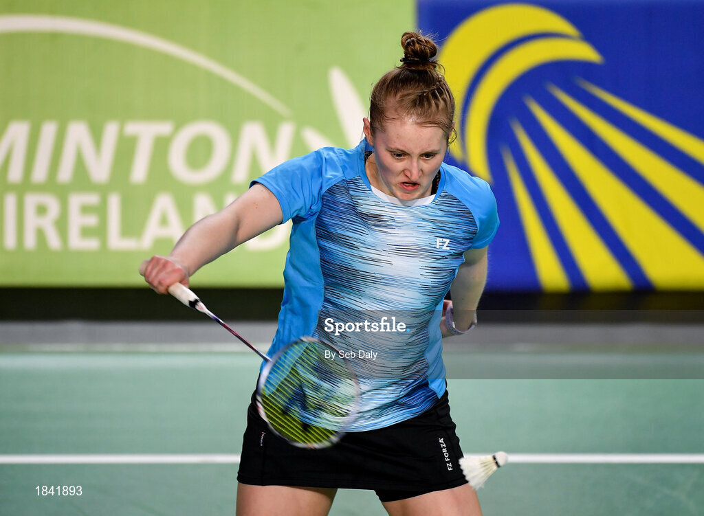 15 November 2019; Moya Ryan of Ireland in action against Clara Nistad and Moa Sjoo of Sweden during their women's doubles quarter-final match of the AIG FZ Forza Irish Open Badminton Championships at the National Indoor Arena in Abbotstown, Dublin. Photo by Seb Daly/Sportsfile