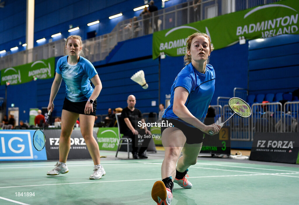 15 November 2019; Kate Frost, right, and Moya Ryan of Ireland in action against Clara Nistad and Moa Sjoo of Sweden during their women's doubles quarter-final match of the AIG FZ Forza Irish Open Badminton Championships at the National Indoor Arena in Abbotstown, Dublin. Photo by Seb Daly/Sportsfile