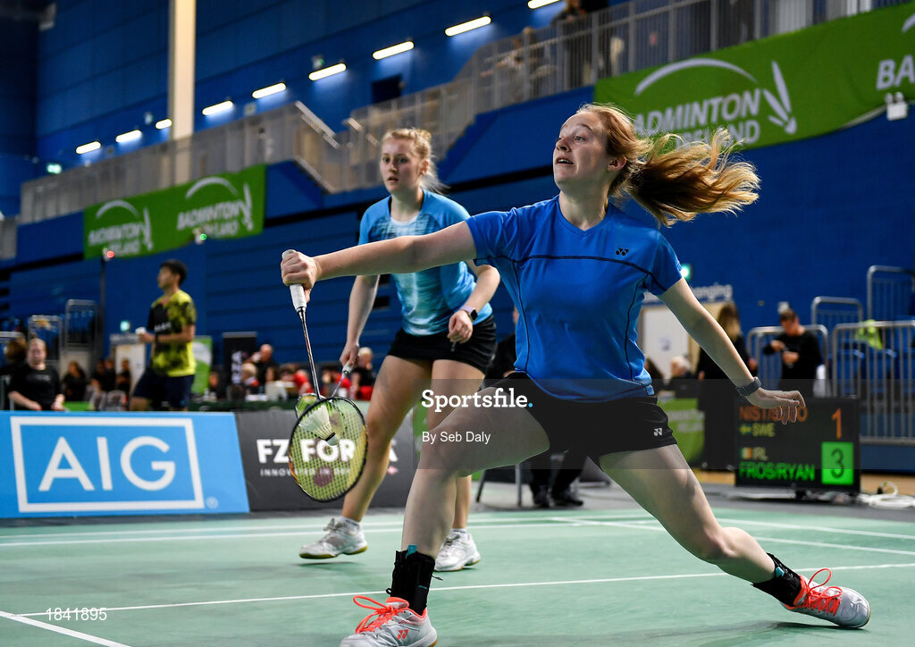 15 November 2019; Kate Frost, right, and Moya Ryan of Ireland in action against Clara Nistad and Moa Sjoo of Sweden during their women's doubles quarter-final match of the AIG FZ Forza Irish Open Badminton Championships at the National Indoor Arena in Abbotstown, Dublin. Photo by Seb Daly/Sportsfile