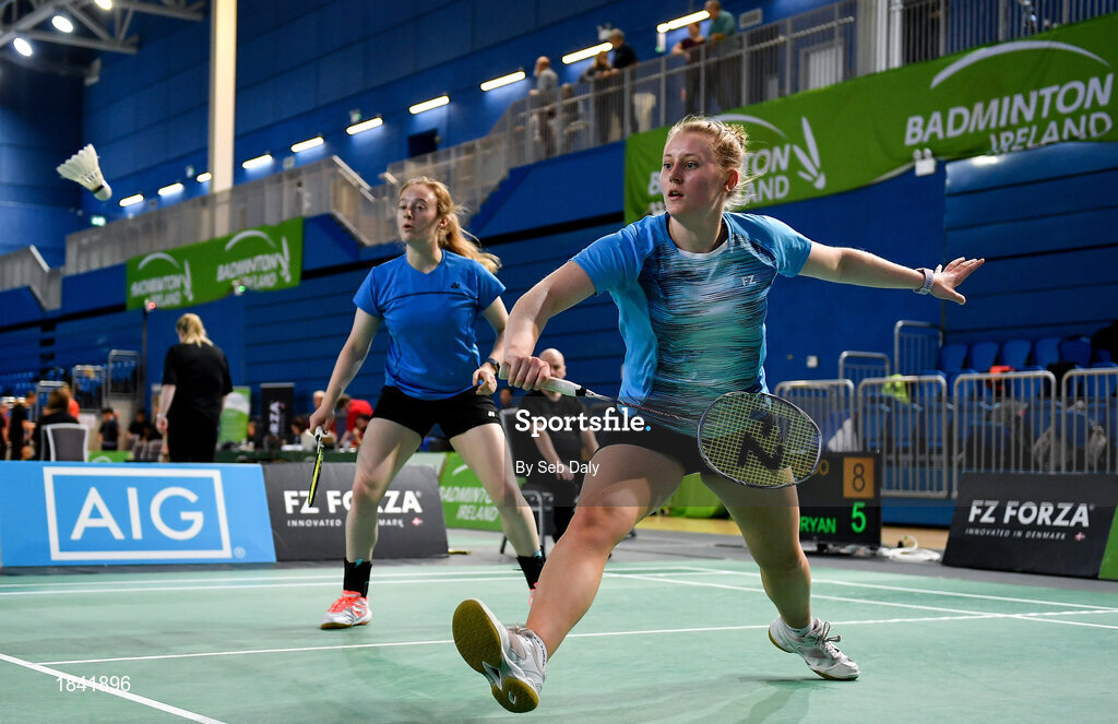 15 November 2019; Moya Ryan, right, and Kate Frost of Ireland in action against Clara Nistad and Moa Sjoo of Sweden during their women's doubles quarter-final match of the AIG FZ Forza Irish Open Badminton Championships at the National Indoor Arena in Abbotstown, Dublin. Photo by Seb Daly/Sportsfile