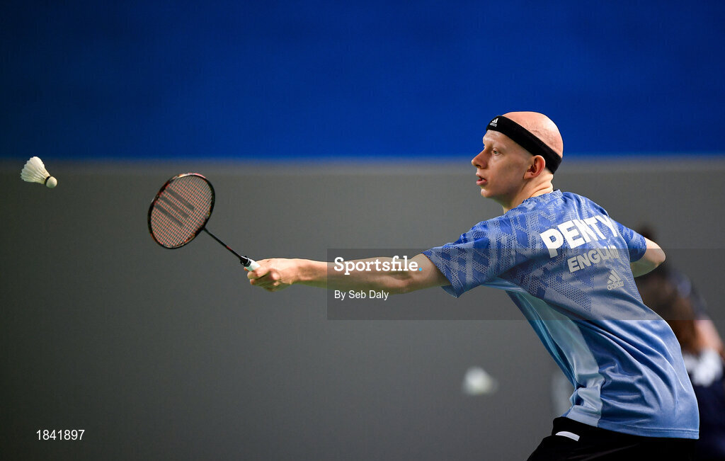 15 November 2019; Toby Penty of England in action against during his men's singles match against Toma Junior Popov of France at the AIG FZ Forza Irish Open Badminton Championships at the National Indoor Arena in Abbotstown, Dublin. Photo by Seb Daly/Sportsfile