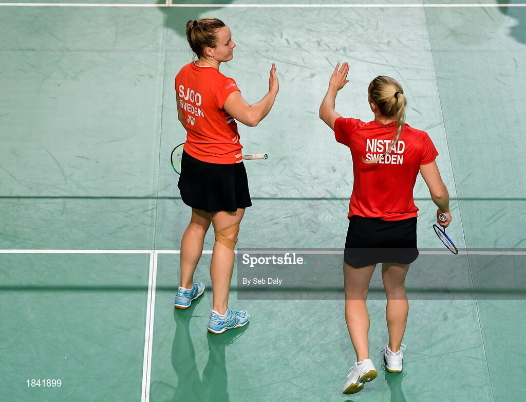 15 November 2019; Moa Sjoo, left, and Clara Nistad of Sweden congratulate each other following their victory during their women's doubles quarter-final match against Kate Frost and Moya Ryan of Ireland at the AIG FZ Forza Irish Open Badminton Championships at the National Indoor Arena in Abbotstown, Dublin. Photo by Seb Daly/Sportsfile