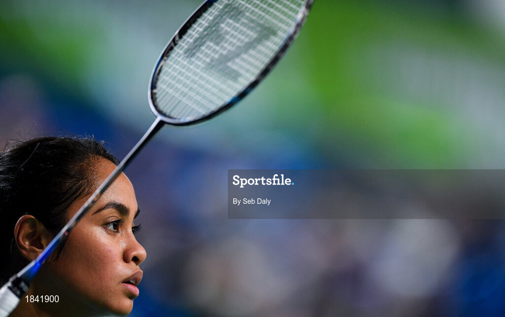 15 November 2019; Gayle Mahulette of Netherlands during her women's singles quarter-final match against Qi Xeufei of France at the AIG FZ Forza Irish Open Badminton Championships at the National Indoor Arena in Abbotstown, Dublin. Photo by Seb Daly/Sportsfile