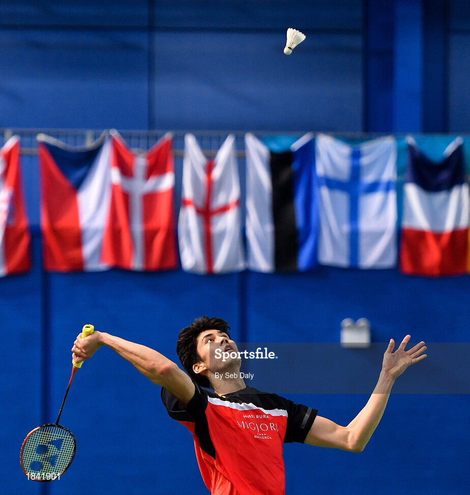 15 November 2019; Felix Burestedt of Sweden in action during his men's singles quarter-final match against Christo Popov of France at the AIG FZ Forza Irish Open Badminton Championships at the National Indoor Arena in Abbotstown, Dublin. Photo by Seb Daly/Sportsfile
