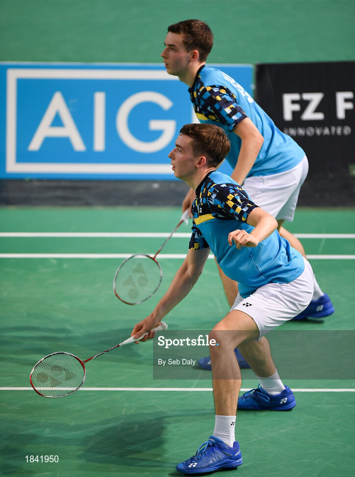 15 November 2019; Matthew Grimley, near, and Christopher Grimley of Scotland in action during their men's doubles quarter-final match against Li-Wei Po and Kuan Hao Liao of Chinese Taipei at the AIG FZ Forza Irish Open Badminton Championships at the National Indoor Arena in Abbotstown, Dublin. Photo by Seb Daly/Sportsfile
