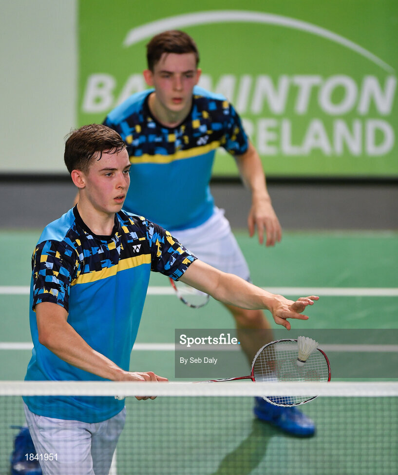 15 November 2019; Matthew Grimley, left, and Christopher Grimley of Scotland in action during their men's doubles quarter-final match against Li-Wei Po and Kuan Hao Liao of Chinese Taipei at the AIG FZ Forza Irish Open Badminton Championships at the National Indoor Arena in Abbotstown, Dublin. Photo by Seb Daly/Sportsfile