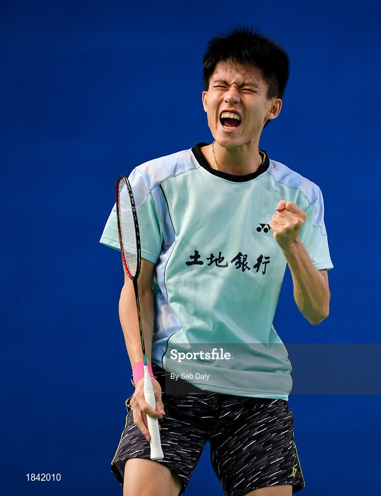 15 November 2019; Fang-Chih Lee of Chinese Taipei celebrates following victory during his men's doubles quarter-final match against Mathias Bay-Smidt and Lasse Mølhede of Denmark at the AIG FZ Forza Irish Open Badminton Championships at the National Indoor Arena in Abbotstown, Dublin. Photo by Seb Daly/Sportsfile