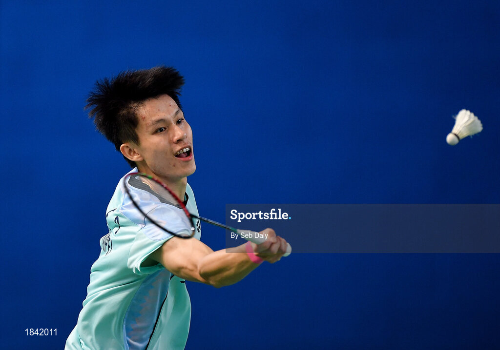15 November 2019; Fang-Chih Lee of Chinese Taipei in action during his men's doubles quarter-final match against Mathias Bay-Smidt and Lasse Mølhede of Denmark at the AIG FZ Forza Irish Open Badminton Championships at the National Indoor Arena in Abbotstown, Dublin. Photo by Seb Daly/Sportsfile