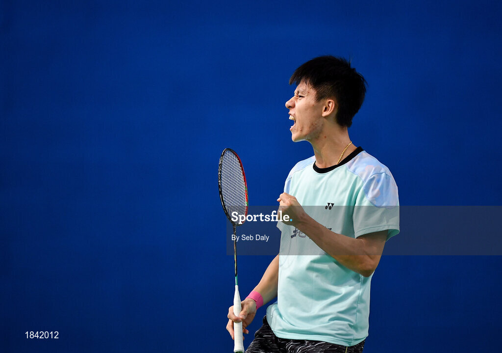15 November 2019; Fang-Chih Lee of Chinese Taipei celebrates following victory during his men's doubles quarter-final match against Mathias Bay-Smidt and Lasse Mølhede of Denmark at the AIG FZ Forza Irish Open Badminton Championships at the National Indoor Arena in Abbotstown, Dublin. Photo by Seb Daly/Sportsfile