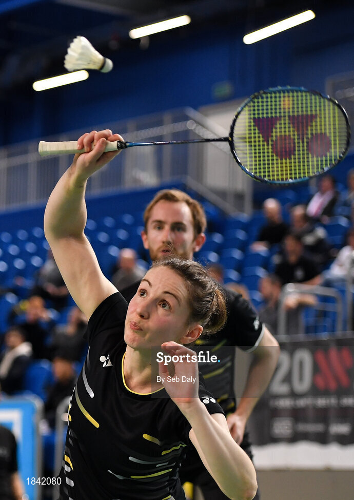 15 November 2019; Chloe Magee, front, and Sam Magee of Ireland in action during their mixed doubles semi-final match against Anne Tran and Ronan Labar of France at the AIG FZ Forza Irish Open Badminton Championships at the National Indoor Arena in Abbotstown, Dublin. Photo by Seb Daly/Sportsfile