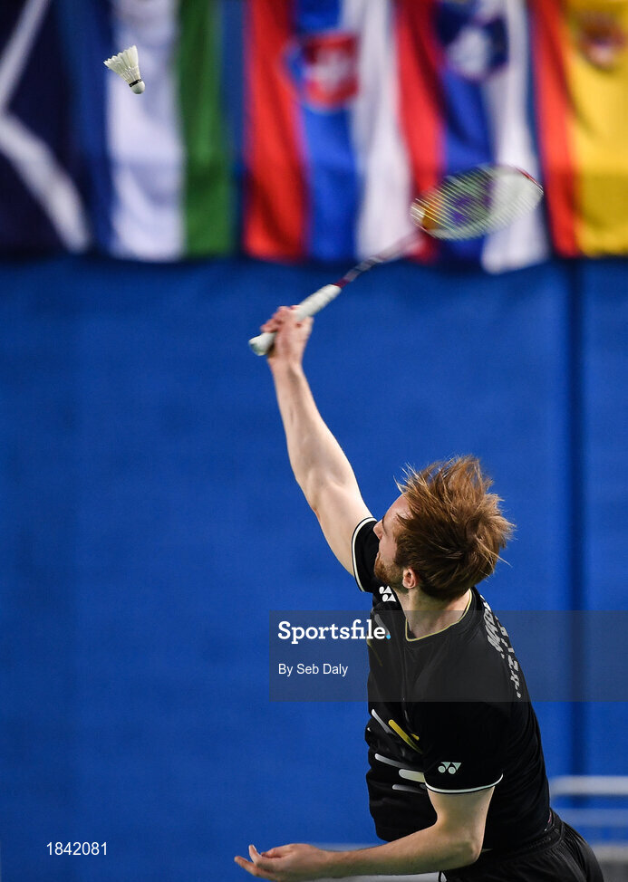 15 November 2019; Sam Magee of Ireland in action during his mixed doubles semi-final match against Anne Tran and Ronan Labar of France at the AIG FZ Forza Irish Open Badminton Championships at the National Indoor Arena in Abbotstown, Dublin. Photo by Seb Daly/Sportsfile