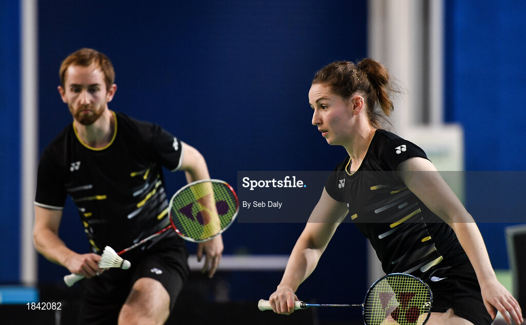 15 November 2019; Chloe Magee, right, and Sam Magee of Ireland in action during their mixed doubles semi-final match against Anne Tran and Ronan Labar of France at the AIG FZ Forza Irish Open Badminton Championships at the National Indoor Arena in Abbotstown, Dublin. Photo by Seb Daly/Sportsfile
