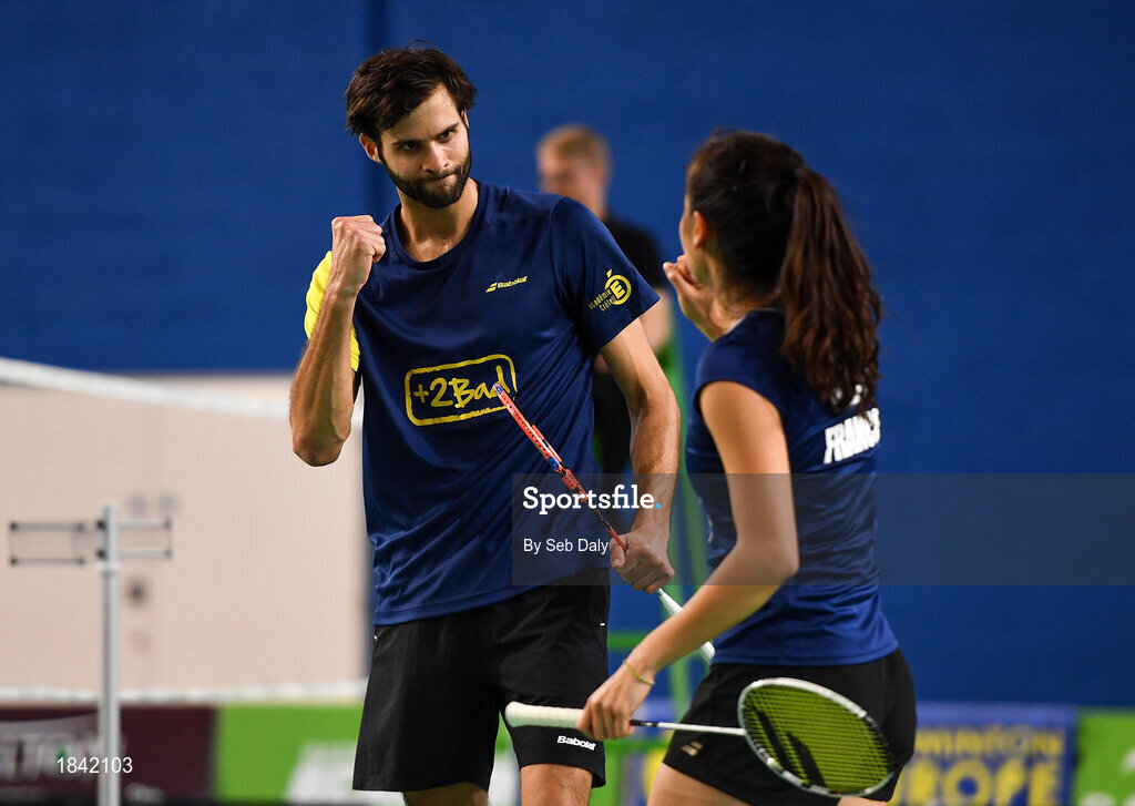 15 November 2019; Ronan Labar, left, and Anna Tran of France congratulate each other following victory during their mixed doubles semi-final match against Chloe Magee and Sam Magee of Ireland at the AIG FZ Forza Irish Open Badminton Championships at the National Indoor Arena in Abbotstown, Dublin. Photo by Seb Daly/Sportsfile