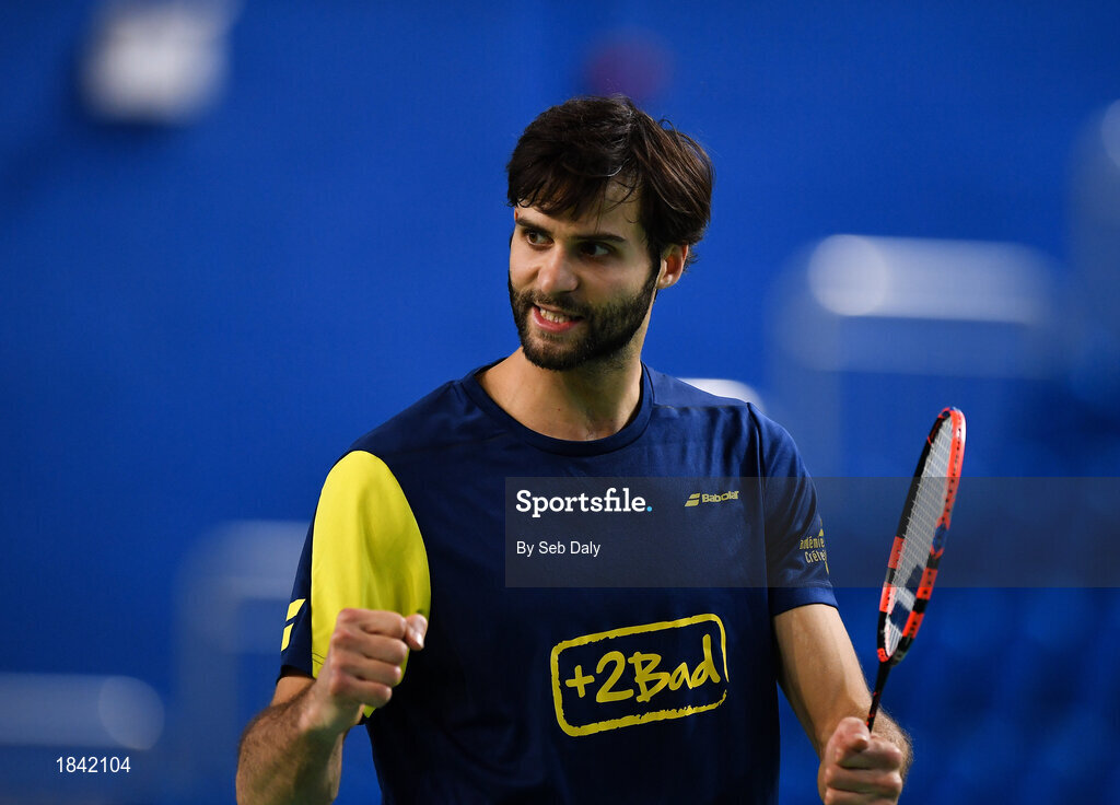 15 November 2019; Ronan Labar of France celebrates after winning a point during his mixed doubles semi-final match against Chloe Magee and Sam Magee of Ireland at the AIG FZ Forza Irish Open Badminton Championships at the National Indoor Arena in Abbotstown, Dublin. Photo by Seb Daly/Sportsfile