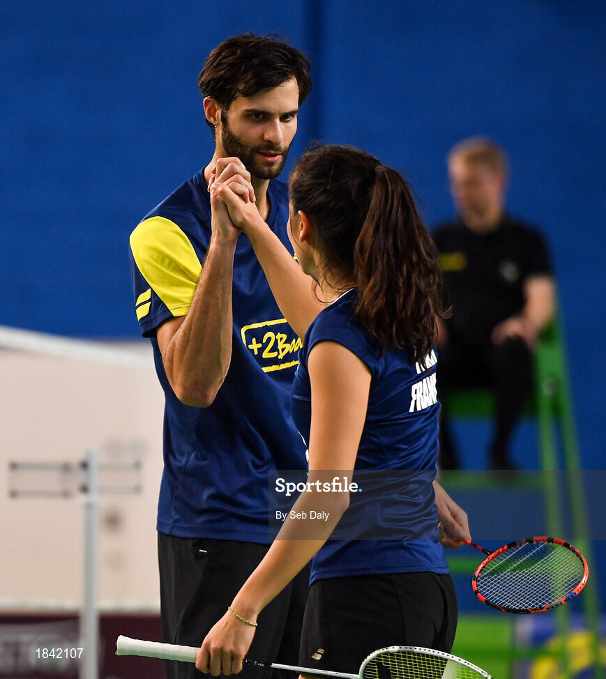 15 November 2019; Ronan Labar, left, and Anna Tran of France congratulate each other following victory during their mixed doubles semi-final match against Chloe Magee and Sam Magee of Ireland at the AIG FZ Forza Irish Open Badminton Championships at the National Indoor Arena in Abbotstown, Dublin. Photo by Seb Daly/Sportsfile