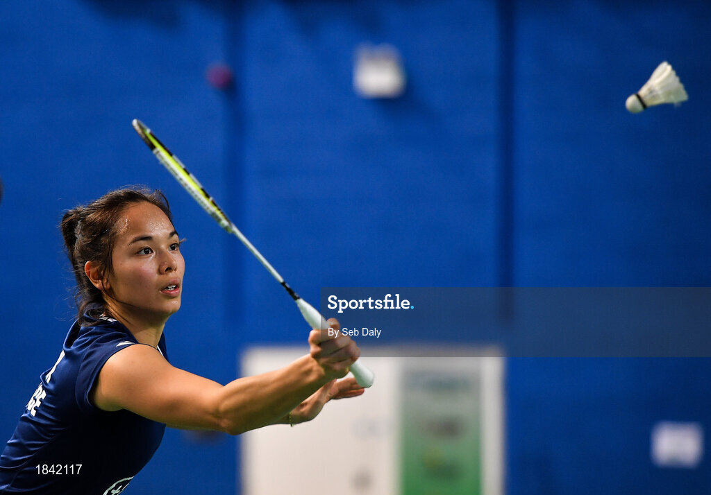 15 November 2019; Anna Tran of France in action during her mixed doubles semi-final match against Chloe Magee and Sam Magee of Ireland at the AIG FZ Forza Irish Open Badminton Championships at the National Indoor Arena in Abbotstown, Dublin. Photo by Seb Daly/Sportsfile