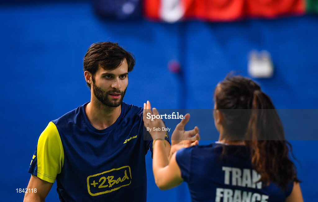 15 November 2019; Ronan Labar, left, and Anna Tran of France congratulate each other after winning a point during their mixed doubles semi-final match against Chloe Magee and Sam Magee of Ireland at the AIG FZ Forza Irish Open Badminton Championships at the National Indoor Arena in Abbotstown, Dublin. Photo by Seb Daly/Sportsfile