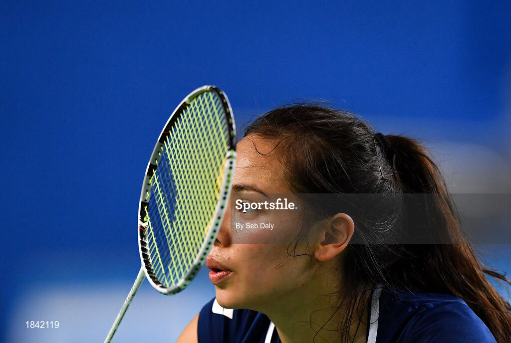 15 November 2019; Anna Tran of France in action during her mixed doubles semi-final match against Chloe Magee and Sam Magee of Ireland at the AIG FZ Forza Irish Open Badminton Championships at the National Indoor Arena in Abbotstown, Dublin. Photo by Seb Daly/Sportsfile