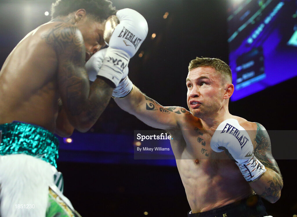 30 November 2019; Carl Frampton, right, and Tyler McCreary during their super-featherweight bout at the Cosmopolitan of Las Vegas in Las Vegas, Nevada, United States. Photo by Mikey Williams/Top Rank/Sportsfile