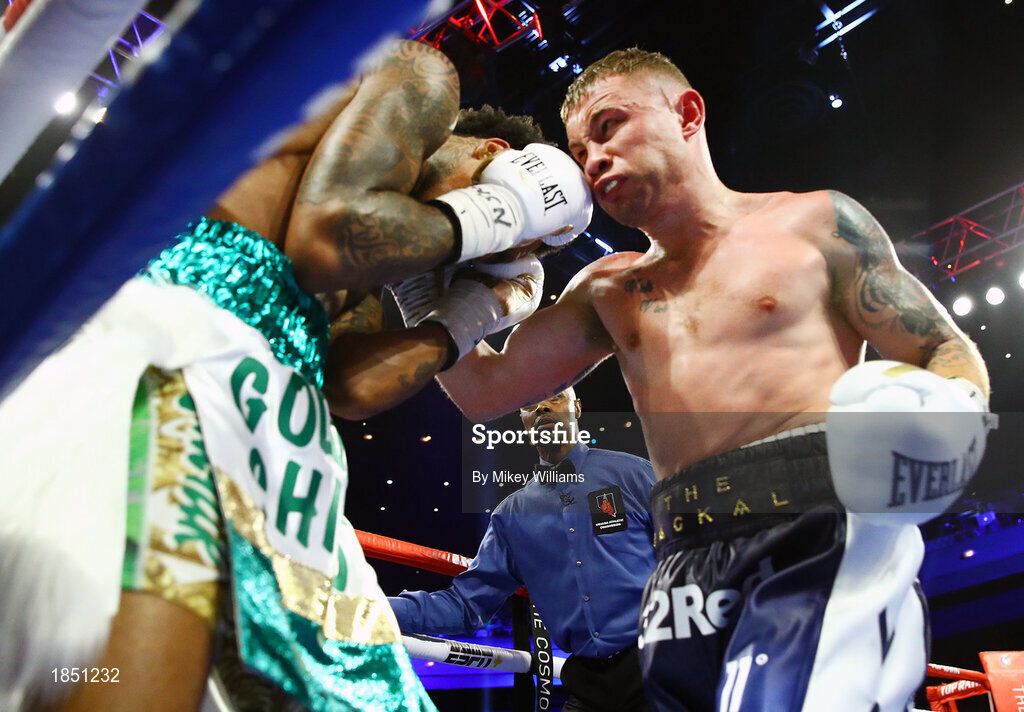 30 November 2019; Carl Frampton, right, and Tyler McCreary during their super-featherweight bout at the Cosmopolitan of Las Vegas in Las Vegas, Nevada, United States. Photo by Mikey Williams/Top Rank/Sportsfile